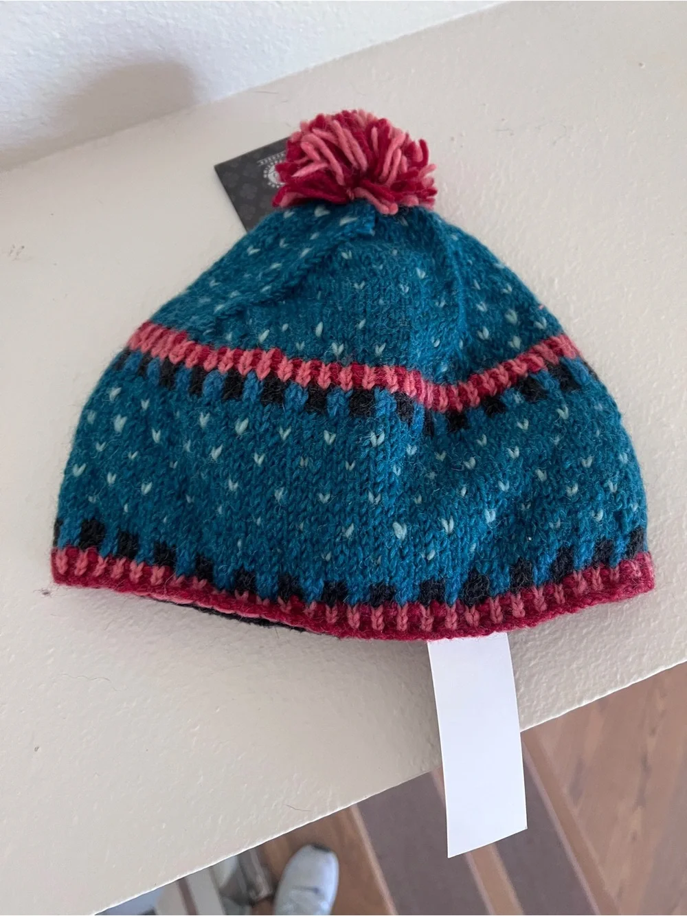 NWT Sundance / Lost Horizons Teal Knit Pom Hat with Pink Floral Embroidery